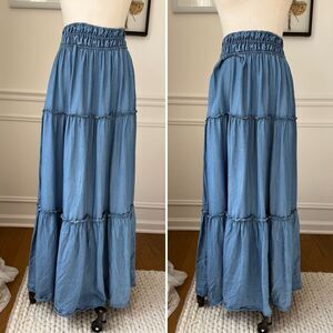 Penelope Rose Chambray Tiered Ruffle Country Prairie Western Boho Skirt L